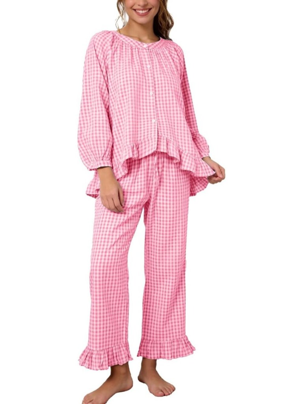 Cozy Women's Plaid Pajama Set - 2 Piece Cotton Ruffle Babydoll & Gingham Pants